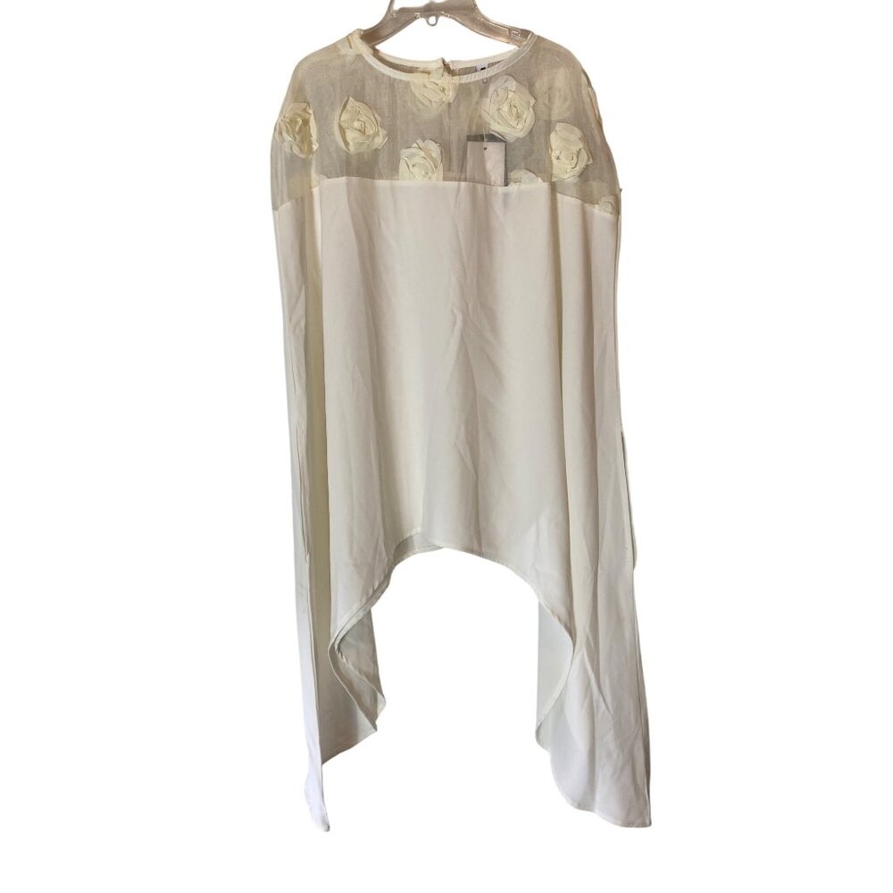 NWT Elegant Off White Sheer Rosette Applique Asymmetrical Blouse Shawl